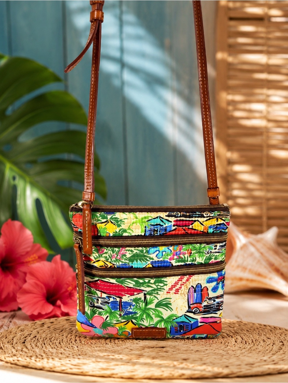 Dooney & Bourke Sandbar Triple Zip Crossbody Tropical Island Beach Bag Purse